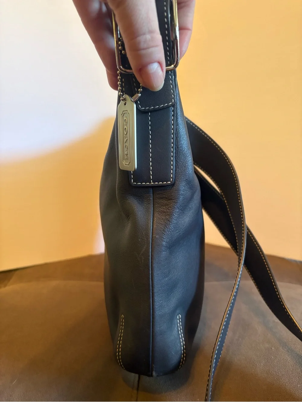 Coach Black Leather Messenger Crossbody with Contrast Stitching